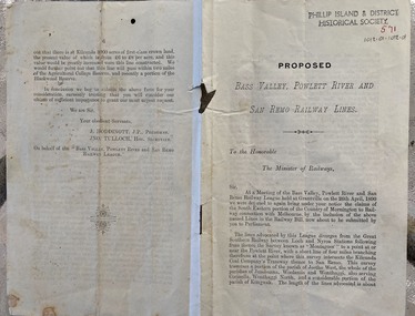 Document - leaflet, Proposed Bass Valley, Powlett River and San Remo Railway Lines
