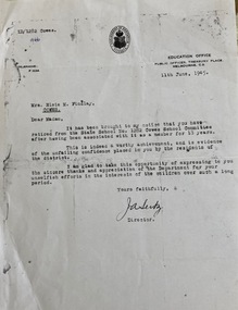 Letter, Letter to Elsie Findlay from Education Department re 18 years service on Cowes School Committee, 11 June 1945
