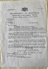 Letter, Passage to Australia on the Benalla in 1925 for the Bradley family