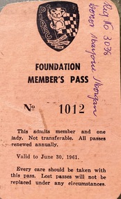 Ephemera - Member's pass, Phillip Island Auto Racing Club Foundation Member's Pass, 1960