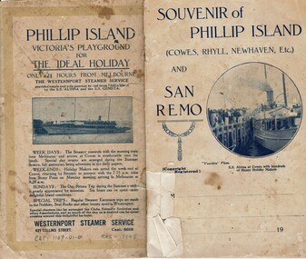 Booklet, Souvenir of Phillip Island [Cowes, Rhyll, Newhaven etc] and San Remo, Late 1920s. Post 1926