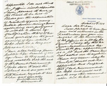 Letter, Letters to Mr McFee  and Mr Robb from Alfred Downard MP 1929, 1929