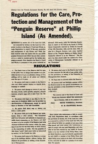 Sign, Regulations for the Care, Protection and Management of the " Penguin Reserve" at Phillip Island [ As amended ] 1956 and 1968, 1956 and 1968