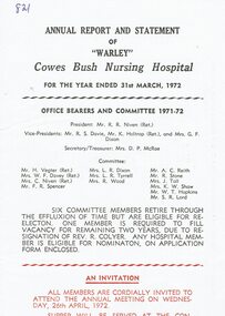 Programme, Annual Report and statement of "Warley" Cowes Bus Nursing Hospital 1972 and Diamond Jubilee celebrations 1983