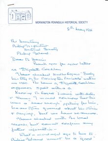 Letter, Eliza Cochlan, information on spelling of her name, 1986
