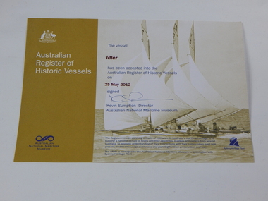 Certificate, Australian Register of Historic Vessels Certificate - Idler, 2012
