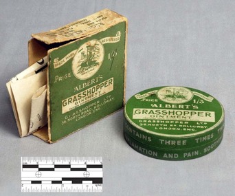 Container - Albert's Grasshopper Ointment tin & packet