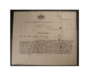 Certificate, Commendation notice for Military Medal, 1918 (estimated)