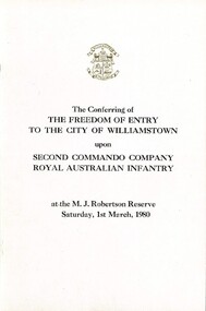 Booklet, Conferring of Freedom of Entry to City of Williamstown upon 2 Commando Company
