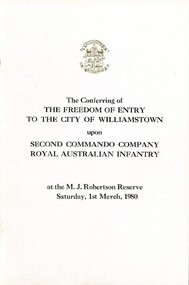 Booklet, Conferring of Freedom of Entry to City of Williamstown upon 2 Commando Company