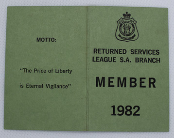Document - RSL SA  Membership Card- W.D. Alsop, c. 1982