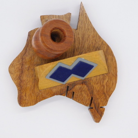 Memorabilia - Carved wooden Pen Holder with 2/6 colour patch - manufacturer Bill Grenfell 45 Panorama Drive Alstonville NSW 2477