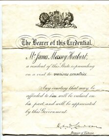 Certificate - Credential certificate, Premier's Office, circa 9th December 1920