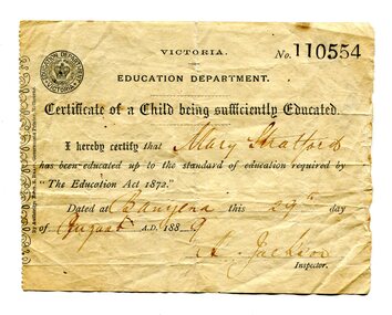 certificate, 29th August 1889