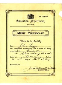 Certificate - Merit Certificate, The Education Department of Victoria Merit Certificate #296223, 1937