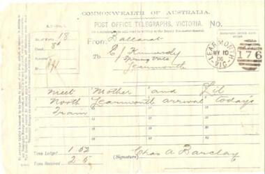 Telegram, Post Office Telegraphs, Victoria, 10/5/1906 (exact)