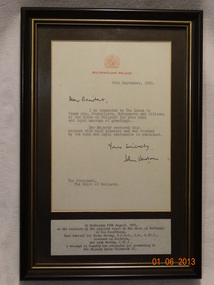 Framed letter, Buckingham Palace -Letter, Circa 1983