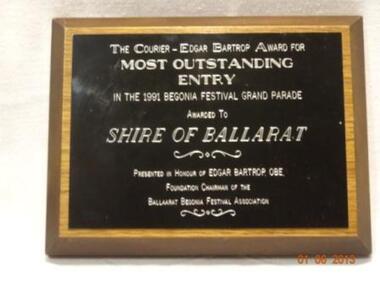 Plaque, Begonia Festival Grand Parade award 1991, Circa 1991