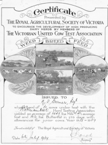 Certificate, The Victorian United Cow Test Association