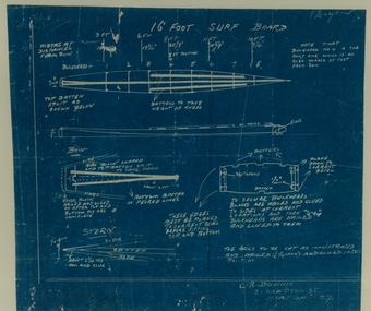 Surfboard design blueprints, C.R. Downie, 16 foot Hollow Plywood Surfboard