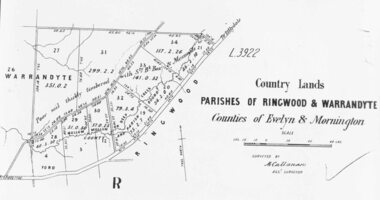 Photograph, Early map of parishes of Ringwood and Warrandyte in Counties of Evelyn and Mornington - c.1868, 1868