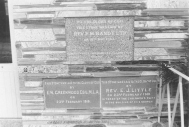 Photograph, Foundation plaques at the Methodist Church in Greenwood Avenue, Ringwood in 1973, 1973