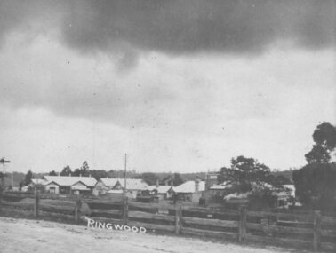 Photograph, View of buildings on Maroondah Highway Ringwood, taken overlooking railway yard from Station St. and Greenwood Ave., 1914