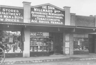Photograph, Milward Bros Newsagents in Main Street shops opposite Railway Station, Maroondah Hwy, Ringwood - 1923