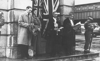 Photograph, Anzac Day Ceremony at Ringwood Clocktower in original position, cnr. Maroondah Highway and Warrandyte Road, Ringwood - circa 1952