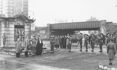 Photograph, Anzac Day Ceremony at Ringwood Clocktower in original position, cnr. Maroondah Highway and Warrandyte Road, Ringwood - circa 1952