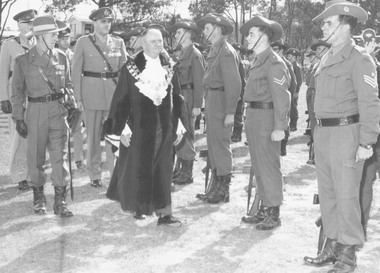 Photograph, Ringwood Freedom of City 1965 ceremony. Mayor Ben Hubbard inspecting Guard of Honour - 3rd Division Engineers