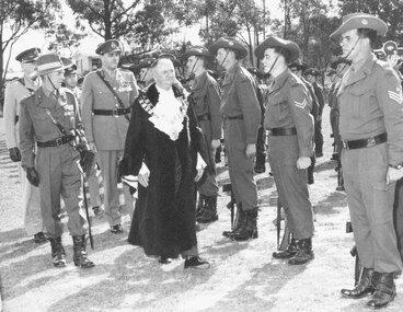 Photograph, Ringwood Freedom of City 1965 ceremony. Mayor Ben Hubbard inspecting Guard of Honour - 3rd Division Engineers