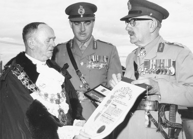 Photograph, Freedom of the City of Ringwood presentation to the Royal Australian Engineers, 3rd Division, by Mayor, Cr B.J. Hubbard - 27 March, 1965