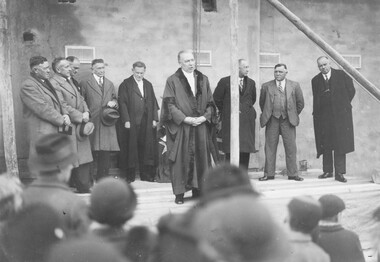 Photograph, Foundation stone laying by Mayor McCaskill of auditorium section of Ringwood Town Hall in 1936