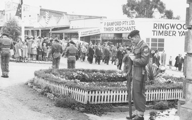 Photograph, Anzac Day at Ringwood clock tower, 3/5/1956