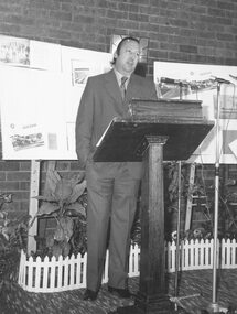 Photograph, Hugh Anderson speaking at the launching of his book 'Place of Many Eagles', Ringwood Civic Centre, 22-10-1974