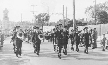 Photograph, Salvation Army Band in Anzac procession, Ringwood. c1950's