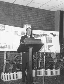 Photograph, Ringwood Mayor Cr Stan Morris speaking at launch of Hugh Anderson's book 'Place of Many Eagles', 1974