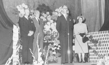 Photograph, Ringwood Mayor F. Corr and Mrs. Corr.  Mr. Geo Burns and Mr. A. Kelly, Town Clerk. March 1959