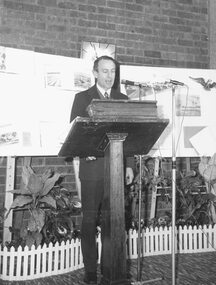 Photograph, Ringwood Mayor Stan. Morris speaking at the launching of Hugh Anderson's book 'Place of Many Eagles', 1974