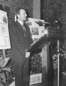 Photograph, Ringwood Mayor Cr. Stan Morris speaking at launching of history book on Ringwood during Jubilee celebrations, 1974