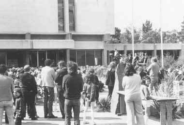 Photograph, Mayor S. Morris speaking at 'Back to' at Ringwood Civic Centre, 1974
