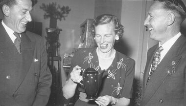 Photograph, Presentation to Mrs. Harrison by Manager of E.S.&A. Bank, Ringwood. 1955