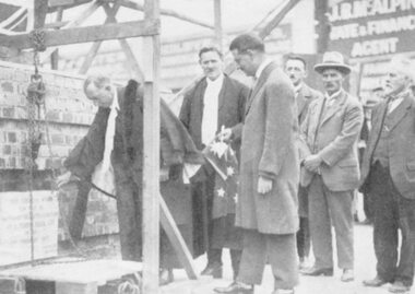 Photograph, Foundation stone of auditorium of Old Town Hall, 1936