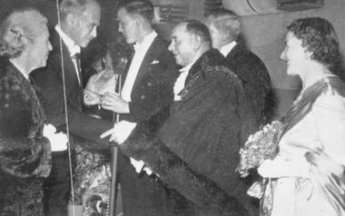 Photograph, Lord and Lady Casey at Ringwood Mayoral Ball being greeted by Mayor Cr B. Hubbard. c1950's