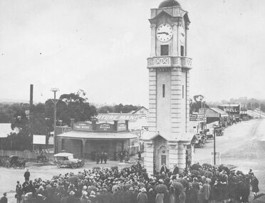 Photograph, Opening of clock tower by Mayor W. Mackinlay in August 1928