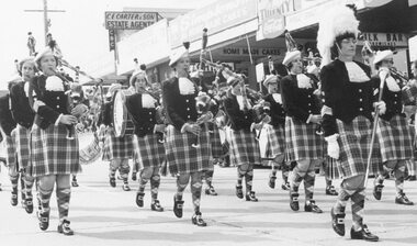 Photograph, Melbourne Ladies Pipe Band at the City of Ringwood celebrations March 1960