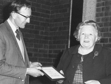 Photograph, Awarding Honorary Life Membership of Ringwood Historical Research Group to Mrs. Ellie Pullin in 1975