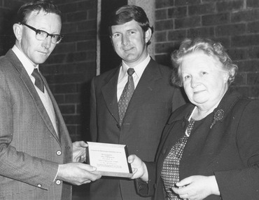 Photograph, Awarding Honorary Life Membership of Ringwood Historical Research Group to Mrs. Ellie Pullin in 1975