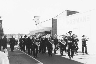 Photograph, Ringwood clocktower dedication Dec 1967 - Ringwood band leading march in Melbourne Street, Ringwood